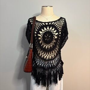 Black Lace Crochet Fringe Blouse